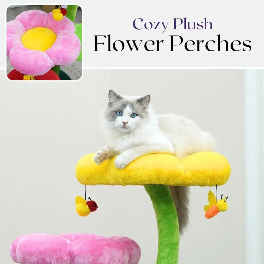 5-Level 40 Colorful Garden Style Cat Tree with Flower Perches Leaf Hammock Fruit Condo Natural Sisal Scratching Post Bee Toys P
