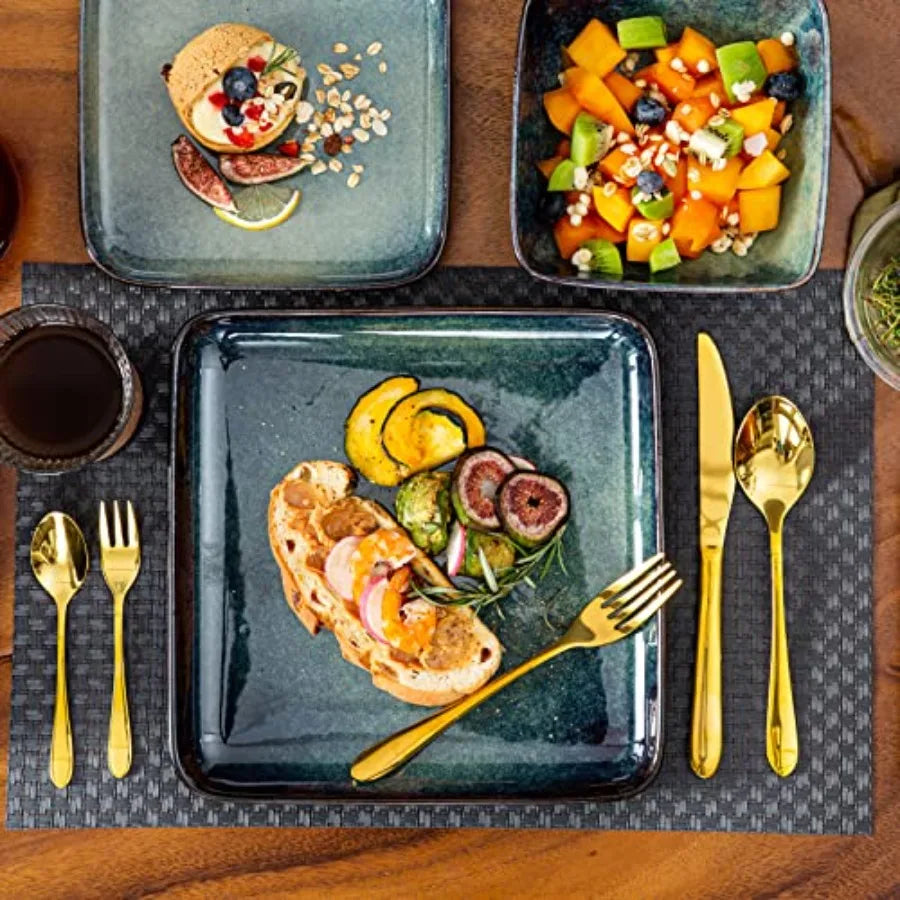 Stern Green Dinner Set- Square Reactive Glaze Dish Set- 16 Pieces Kitchen Dinnerware Stoneware Crockery with Dinner Plate Desse