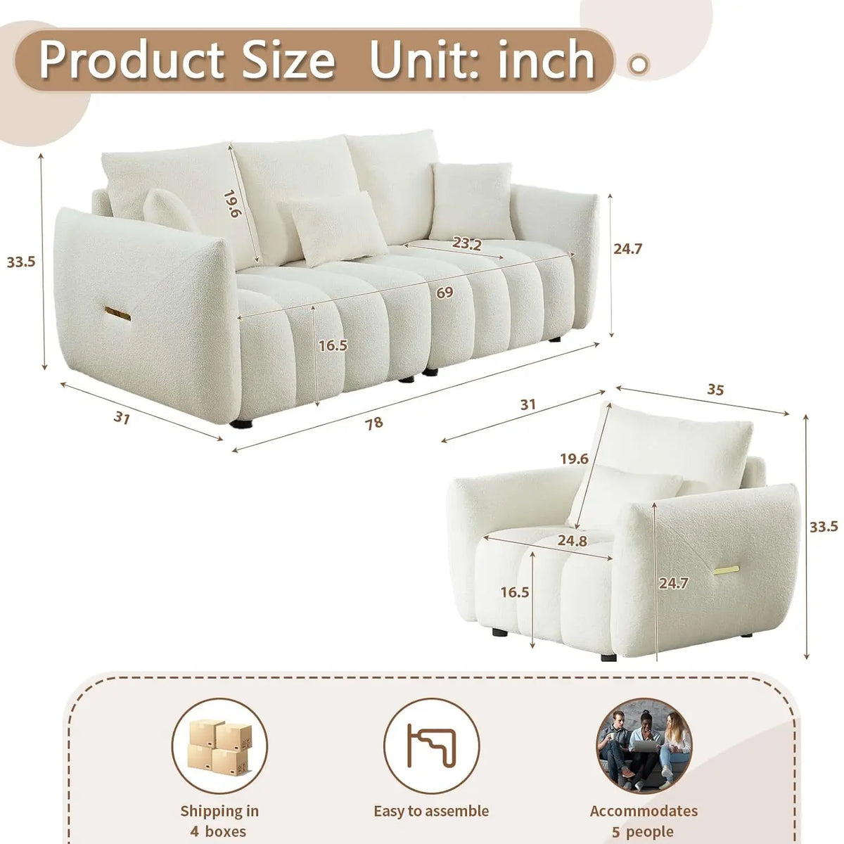 Set of 3 Teddy Sofa for Living Room, Modern 2 Units Deep Seat Sofa Chairs and an Oversized 3-Seater Cloud Boucle, Customized
