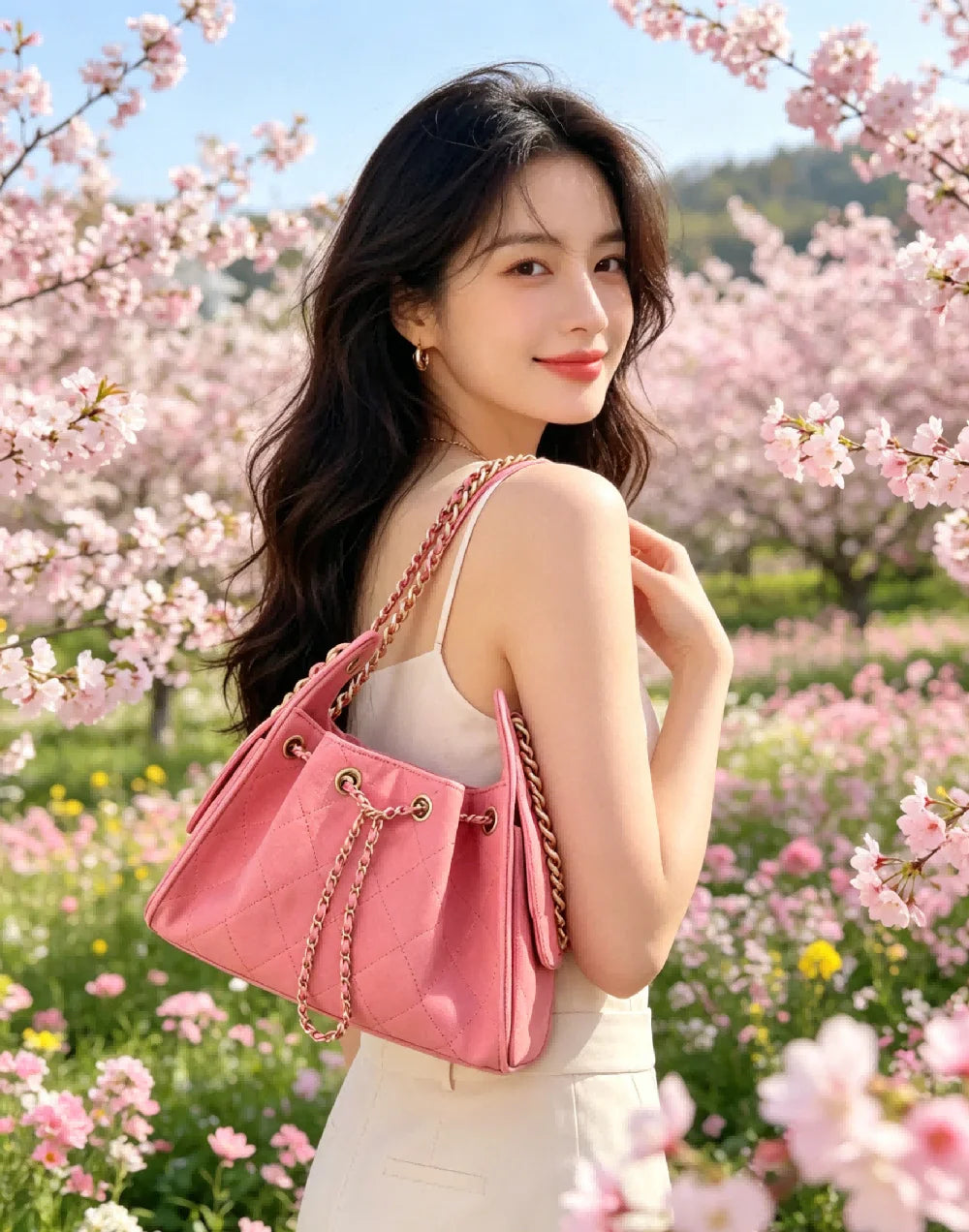 Sweet Pink Leather Drawstring Bucket Bag for Women Fashion Hobo Shoulder Bag with Chain Strap for Date and Daily Outing