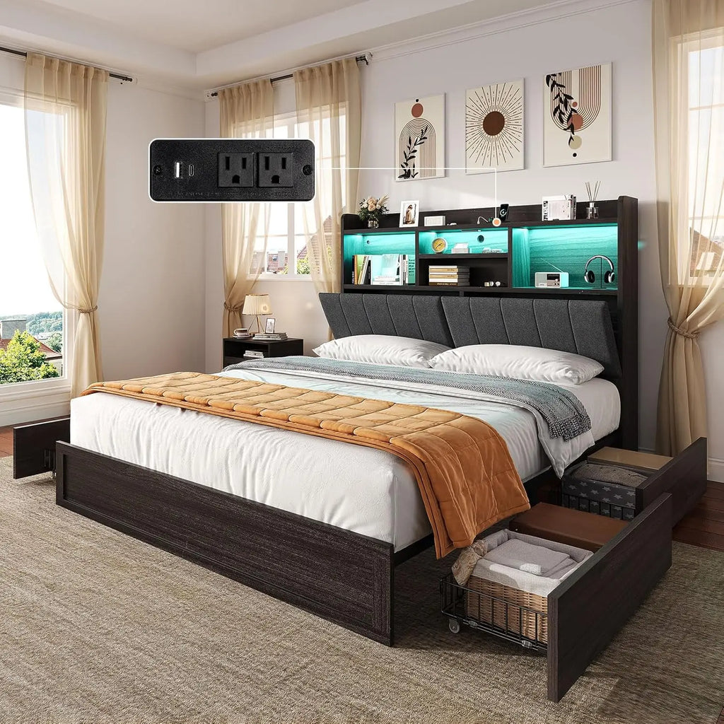 King Platform Bed Frame with Bookcase Headboard 51" Storage Drawers USB Charging Station Linen Upholstered Rustic Black, Customi