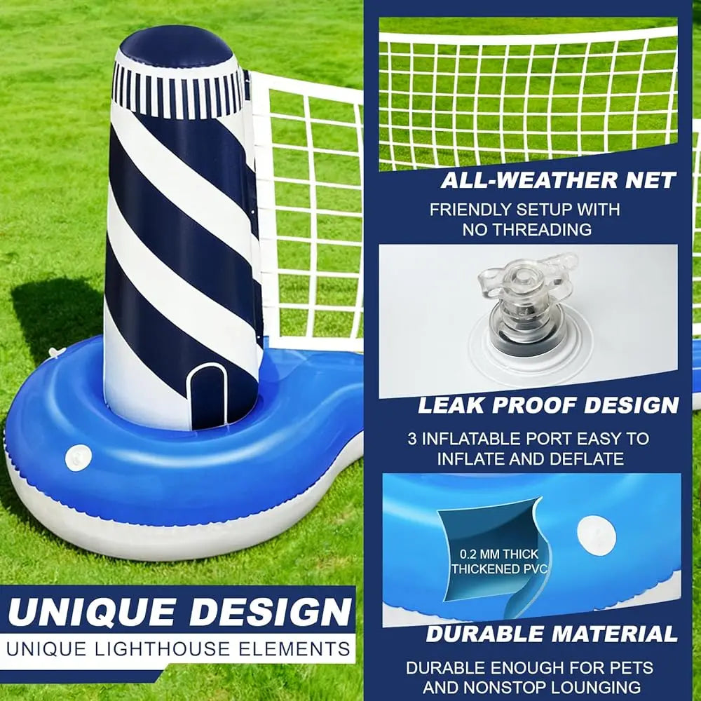 Inflatable Pool Games Volleyball Net Pool Float Set with 19\ Beach Ball, Lighthouse Design – Floating Swimming Water Sports T