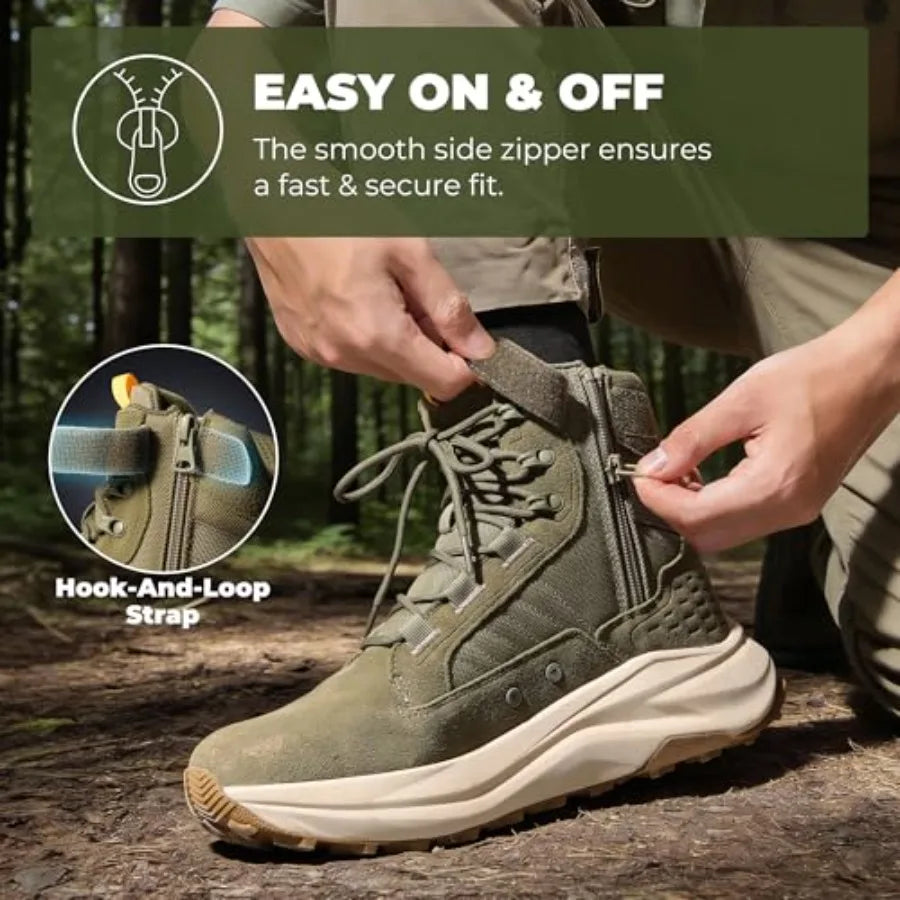 NORTIV Men's Wide Toe Box Work Military Tactical Boots Barefoot Hiking Low Drop Leather Side Zipper Motorcycle Combat Boots Pik