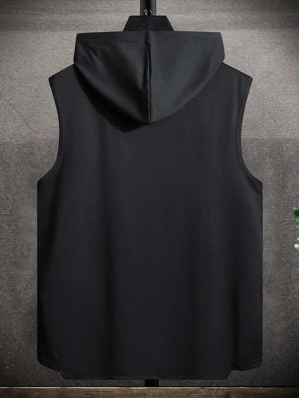 Men's Black Sleeveless Hooded Tank Top with Drawstring and High-Low Hem