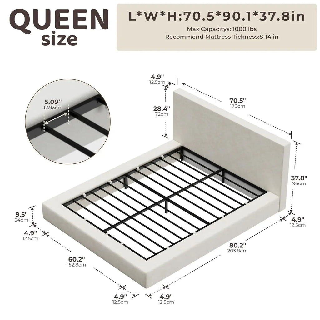 Upholstered Queen Bed Frame with Headboard Foam Padded Platform No Box Spring Easy Assembly Cream Customized