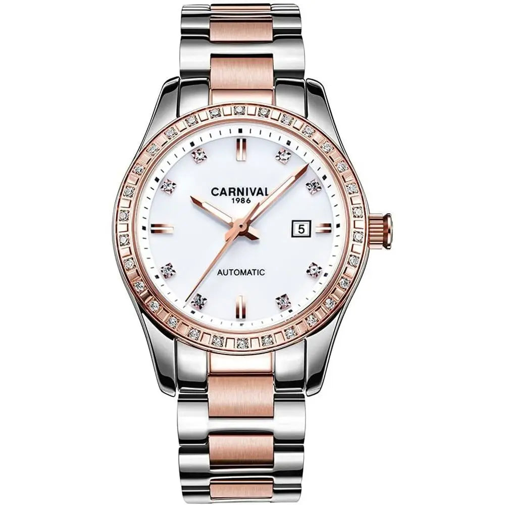 Women's Diamond Automatic Mechanical Rose Gold StainlSteel Sapphire Waterproo Lady's Elegant Blue Watch