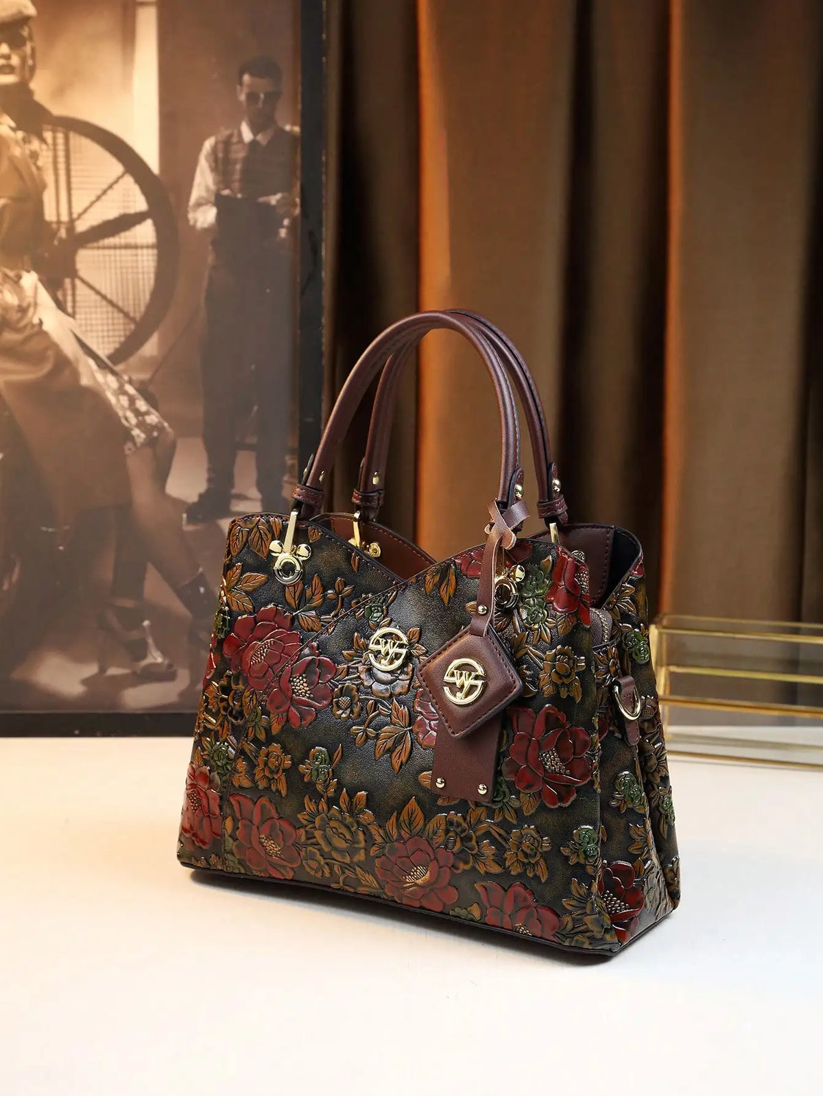 Vintage-Style Embossed Floral Leather Top-Handle Handbag for Women