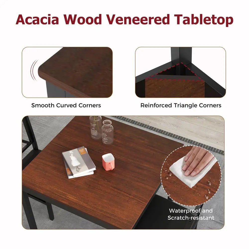 MidCentury Modern Dining Table Set for 2, Wooden Kitchen Table amp 2 Chairs with Padded Seats, 3Piece Compact Dining Set for Sma