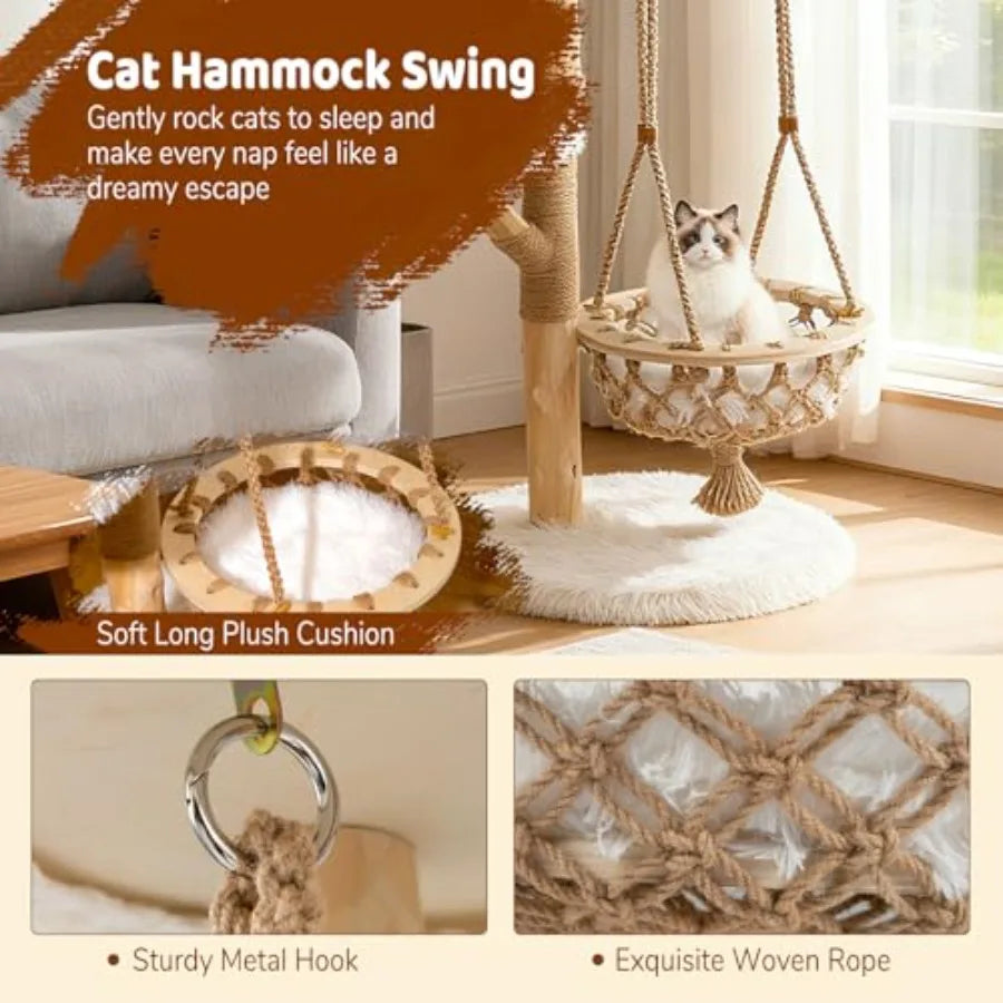 48.5 Inches Wood Cat Tree Multi-Level White Modern Cat Tree with Hanging Basket Solid Natural Peer Wood Post Wrapped with Jute