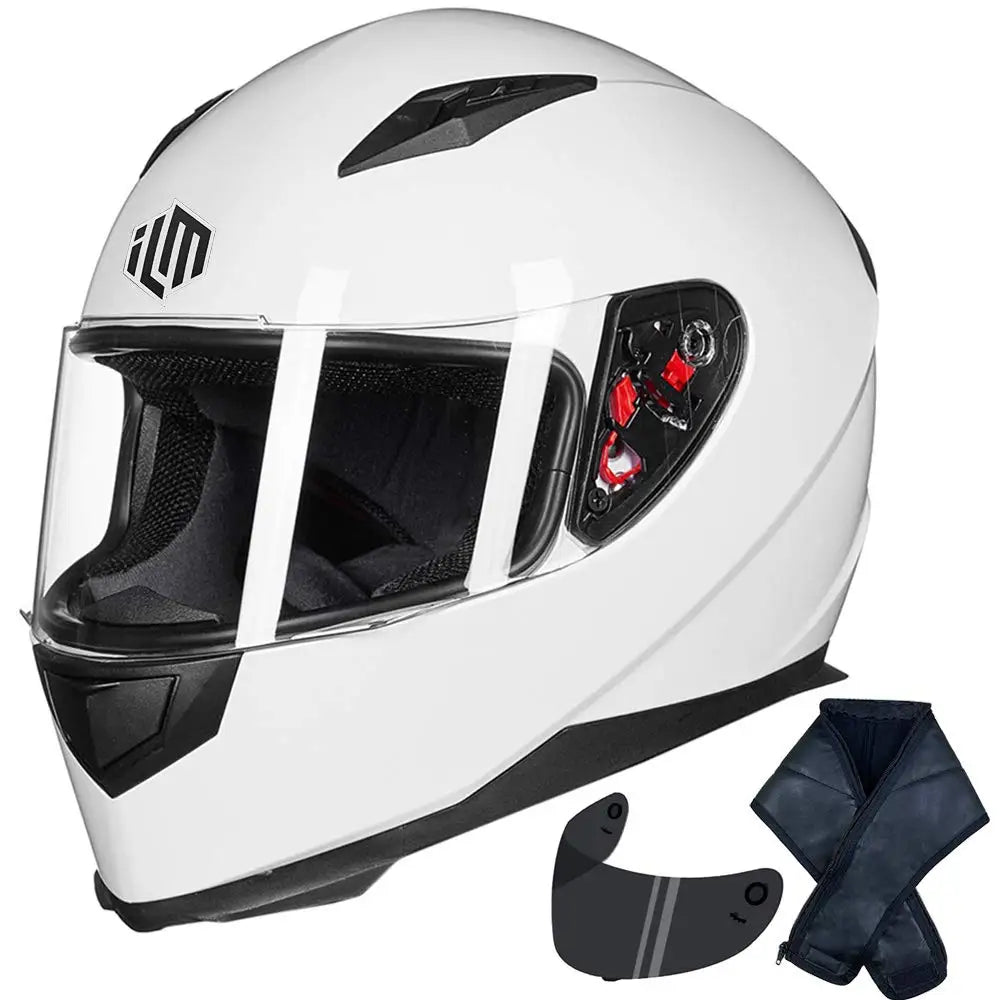 ILM Full Face Motorcycle Street Bike Helmet with Removable Winter Neck Scarf + 2 Visors DOT Model ILM-313 (L, Matte Black)