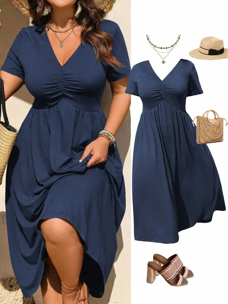 Black V-Neck Ruched Short Sleeve A-Line Midi Dress for Women