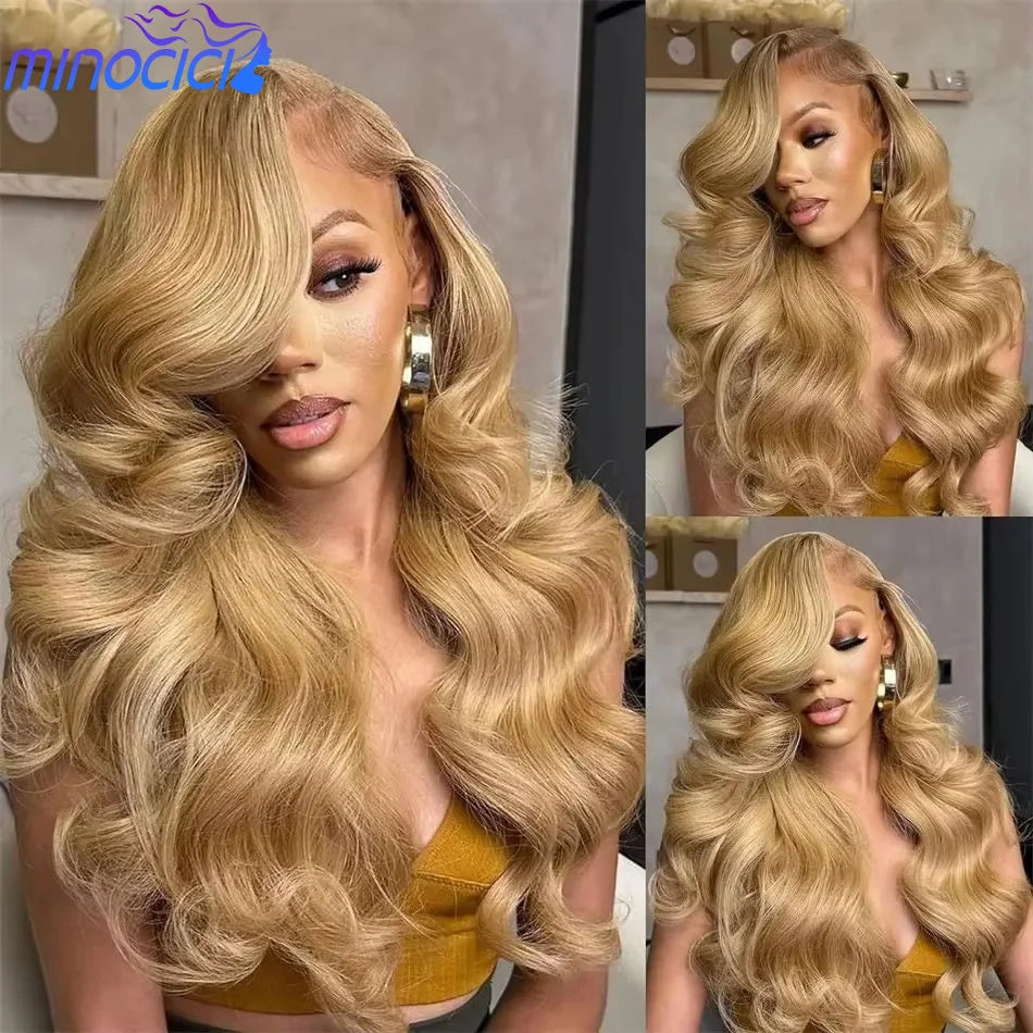 Honey Blonde 13X6 Hd Lace Frontal Wigs Body Wave Human Hair Wigs 250 Density Preplucked Brazilian Hair 27 Colored Lace Front Wig