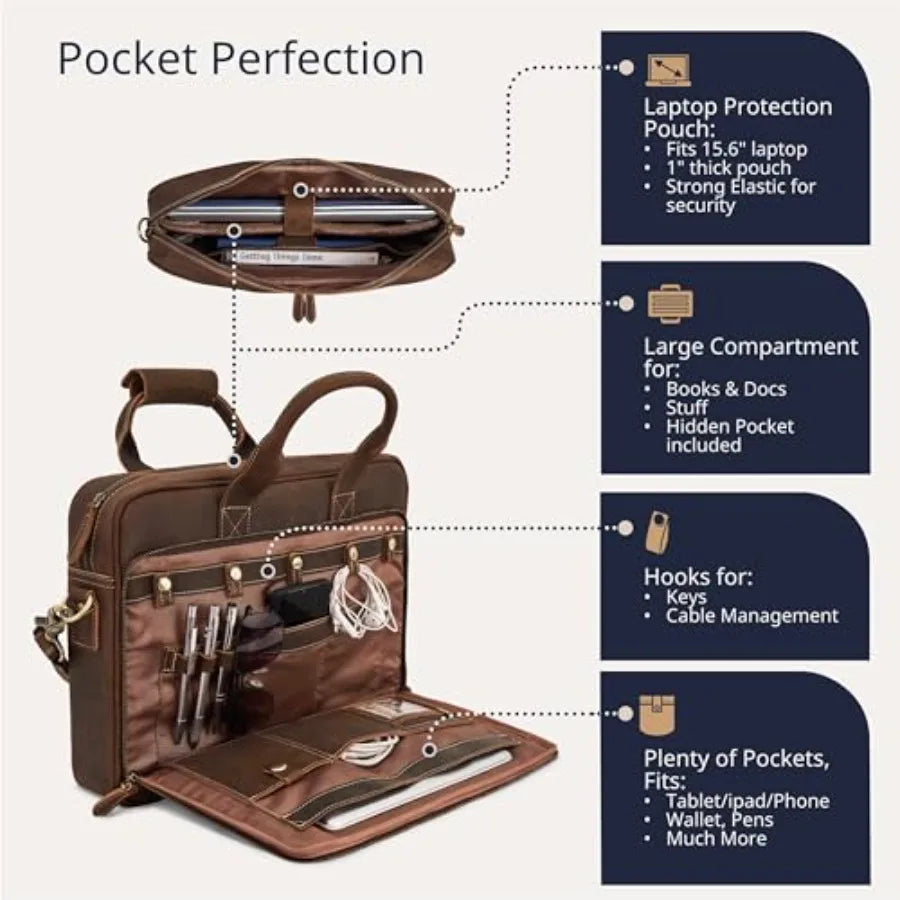 Full-Grain Leather Briefcase for Men - Laptop Bag with Leather Computer Compartment in Brown Durable and Stylish Design for Pro