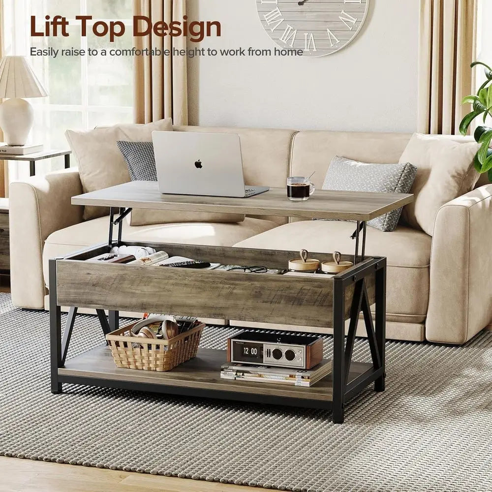 Grey Storage Coffee Table with Lift Top and Large Hidden Compartment for Living Room