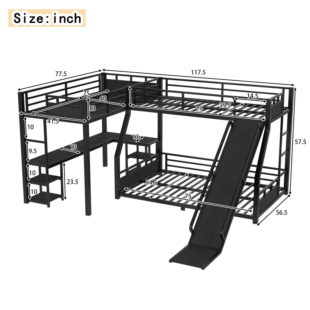 L-Shaped Metal Bunk Bed (Top bed: twin, bottom bed: full ) with Single Loft Bed, Desk, Metal Triple Bunk Bed with Slide,Black