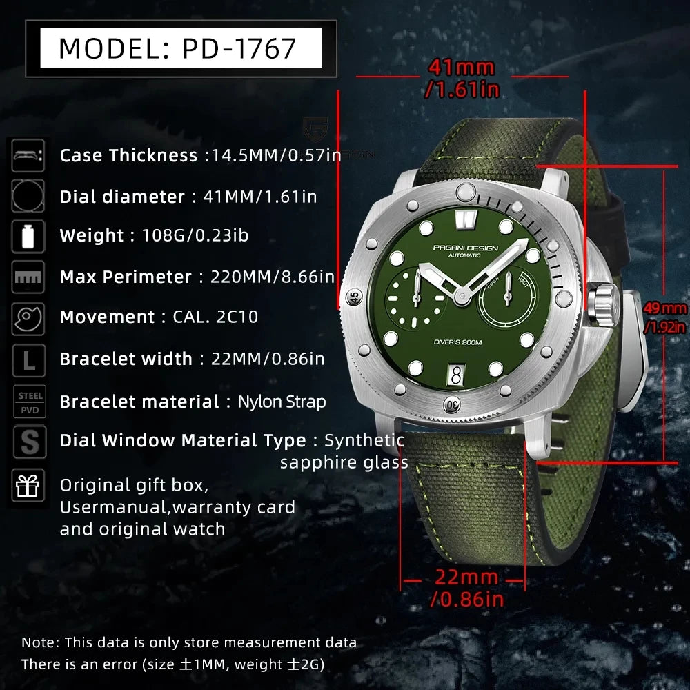 PAGANI DESIGN Luxury Diving Machinery Fully Automatic Men's Watch Stainless Steel Luminous Sapphire Glass Men's Sports Watch