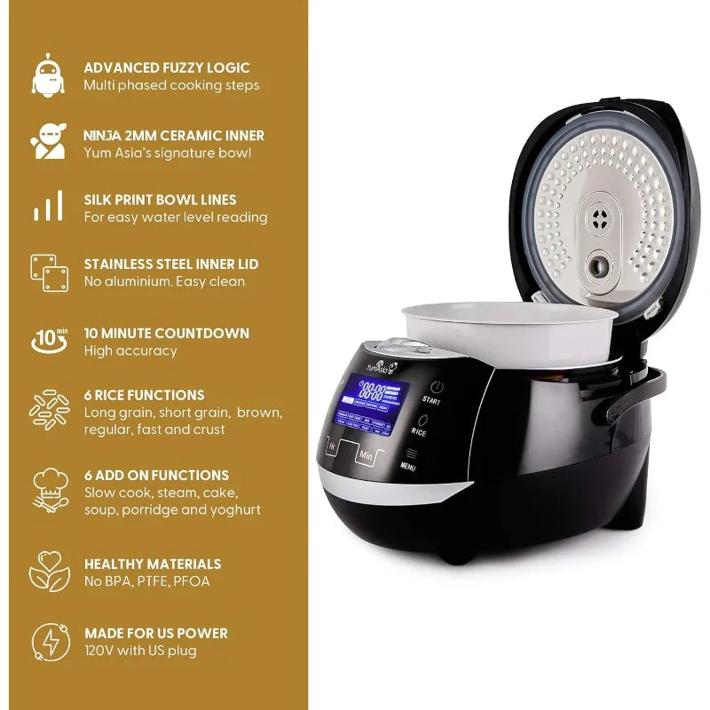 Yum Asia Sakura Rice Cooker with Ceramic Bowl and Advanced Fuzzy Logic (8 Cup, 1.5 Litre) 6 Rice Cook Functions, 120V Power