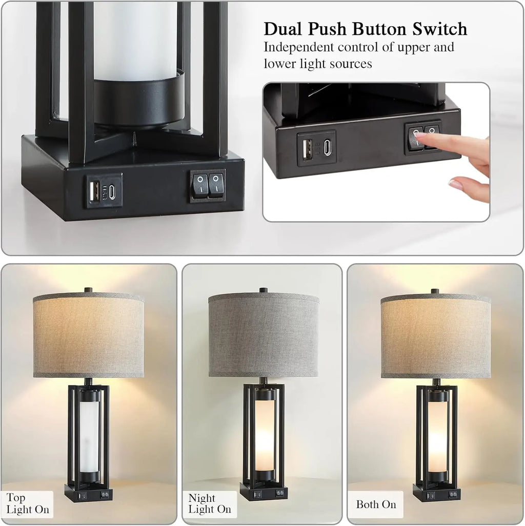 Set of 2 Modern Table Lamps with USB C+A Ports, Night Light, Retro Design for Living Room Bedroom, Includes 4 Bulbs
