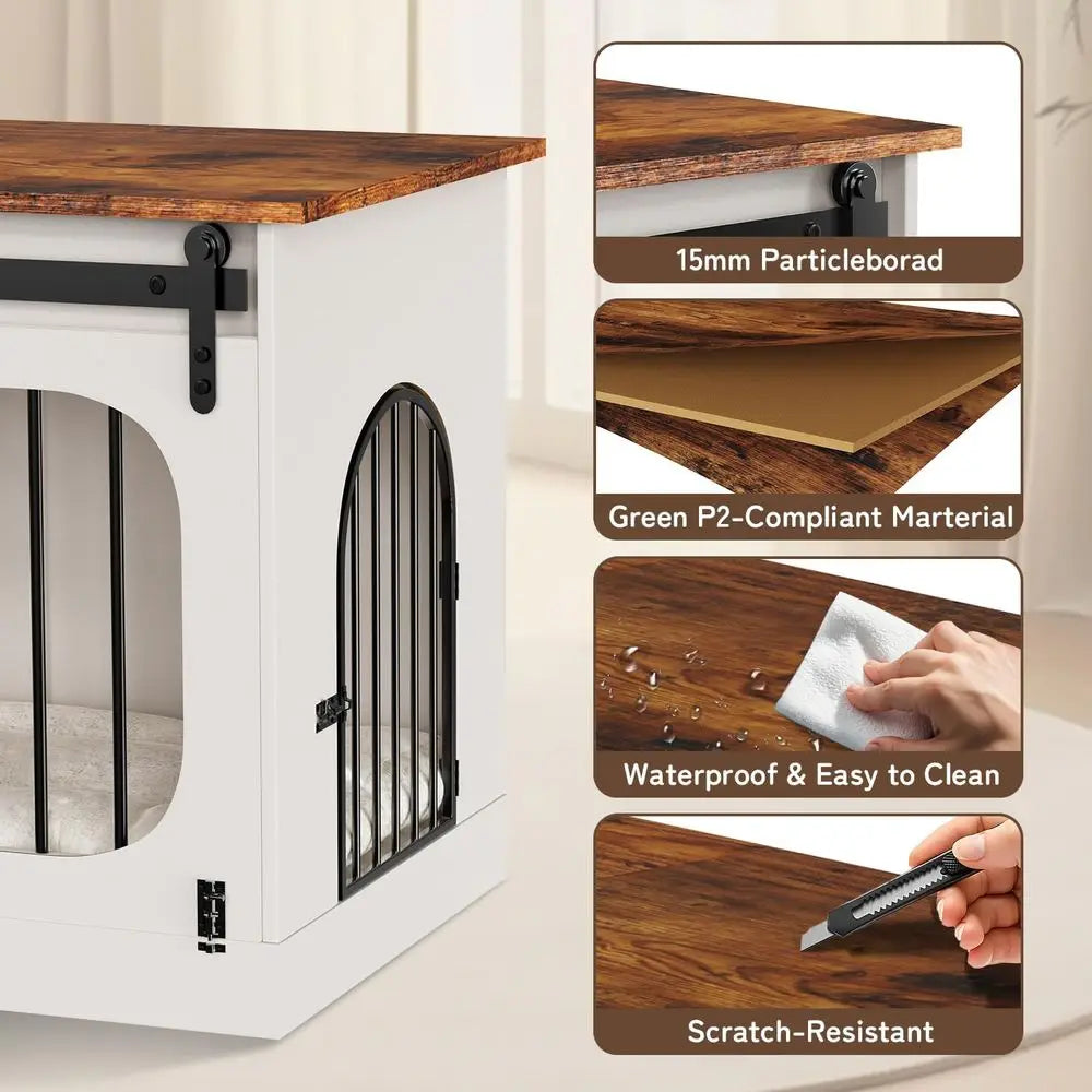 Farmhouse Style Wooden Dog Crate with Cushion, 39.4 Decorative White Indoor Pet House, Suitable for Small to Large Dogs