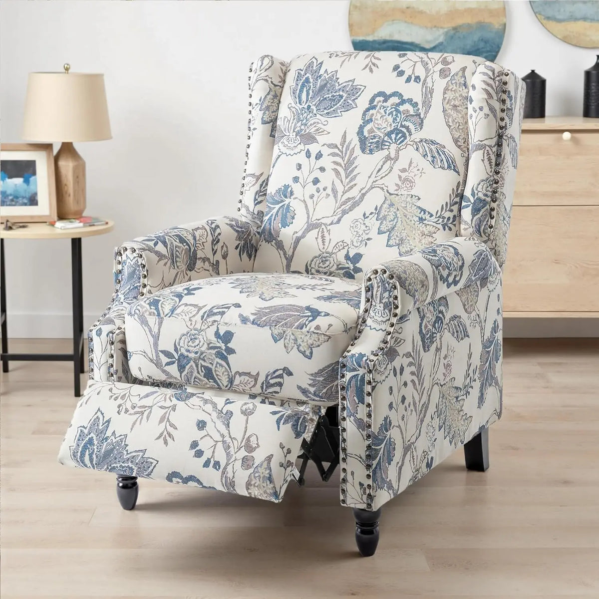 Pushback Floral Recliner Chair, Fabric Upholstered Armchair Push Back Accent Chair For Living Room, Rivet Trim Club, Customized