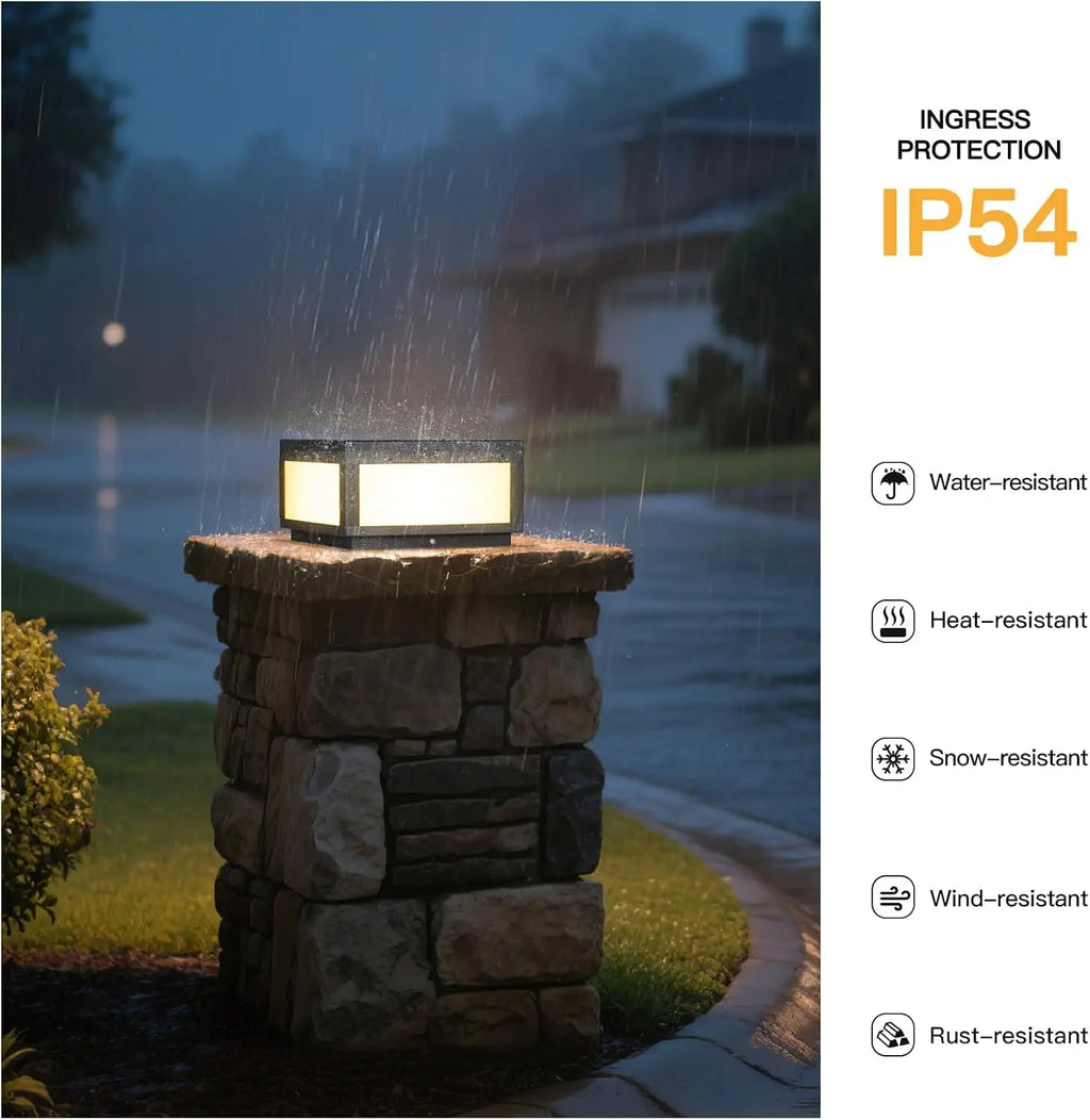 Solar Post Lights Outdoor, Waterproof LED Pillar Lights for Deck Patio Pool, Modern Square Lantern with 3000K Warm Glow