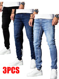 A set of three men's slim-fit jeans in multiple colors, including black, dark blue, and light blue, designed to fit the body sha