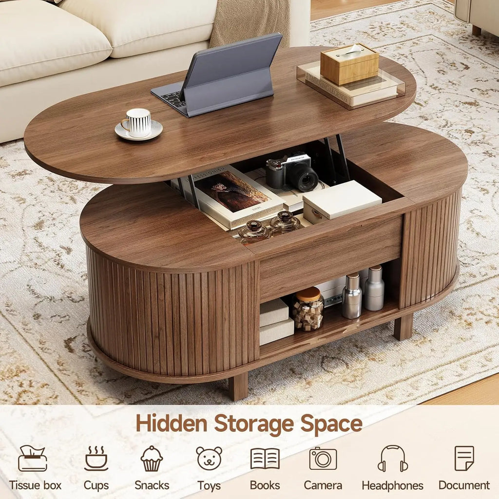 43.3" Oval Lift Top Coffee Table with Hidden Compartment, Fluted Wood Coffee Table with Sliding Door,Customized