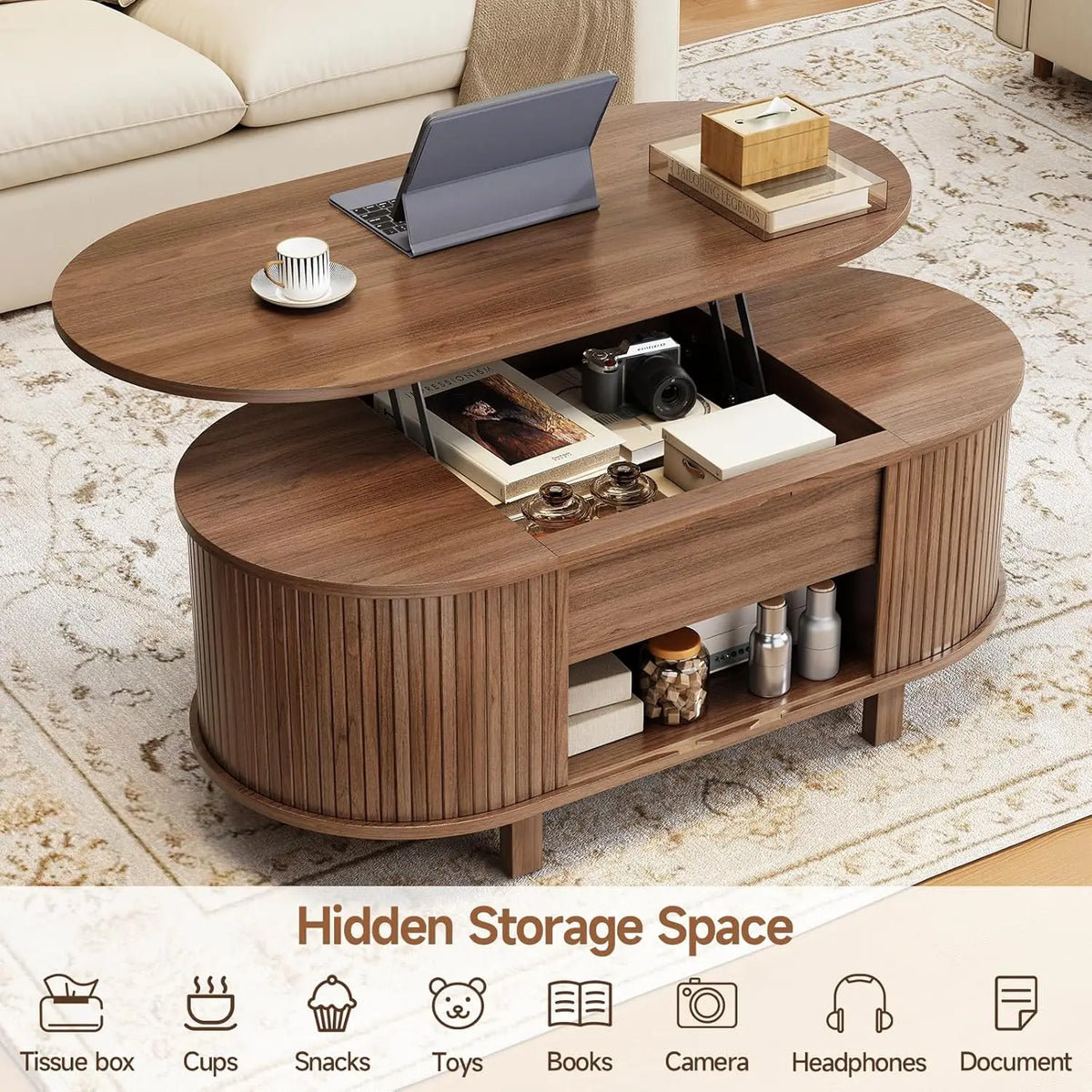 43.3" Oval Lift Top Coffee Table with Hidden Compartment, Fluted Wood Coffee Table with Sliding Door,Customized