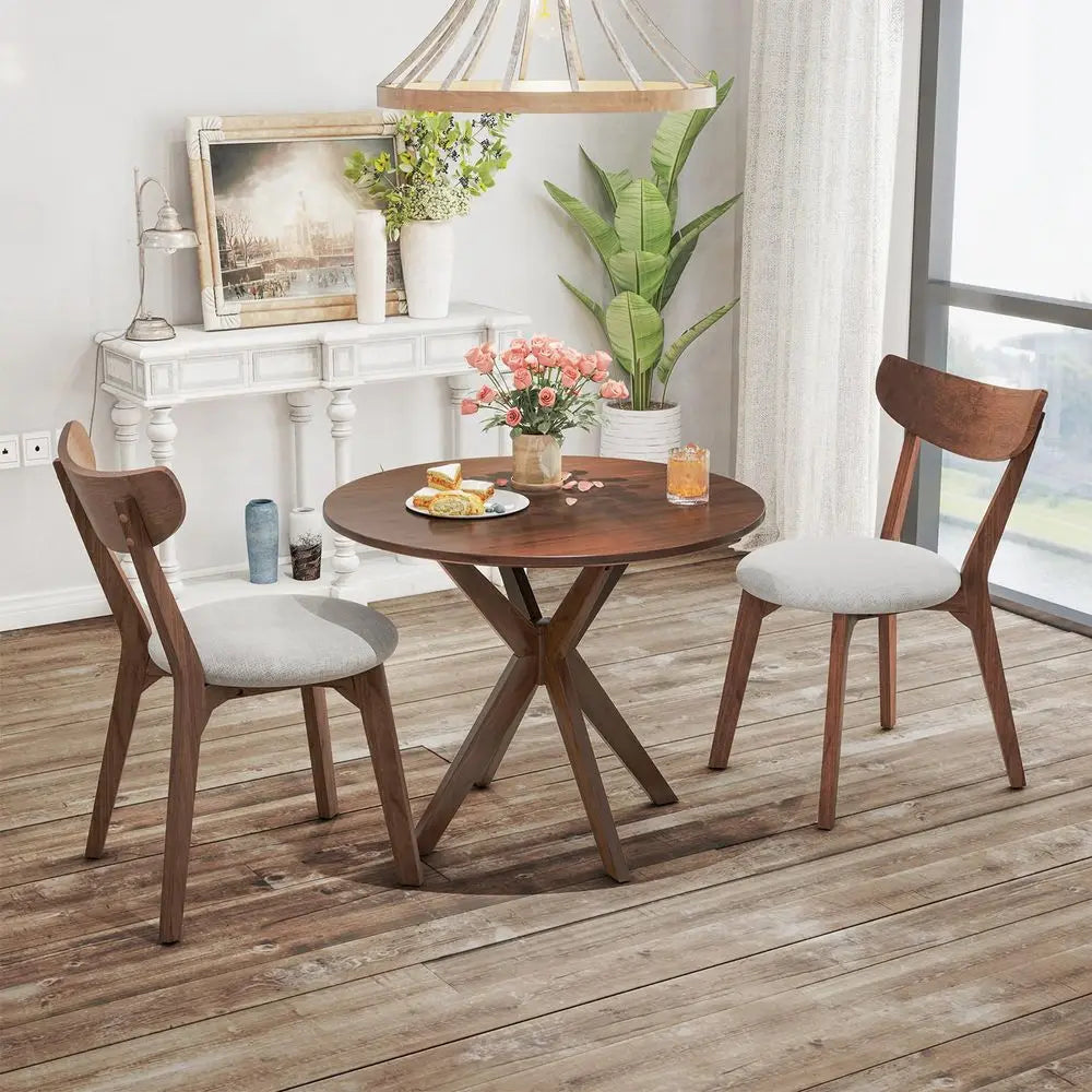 MidCentury Modern Round Dining Table Set for 2, Wooden Kitchen Table amp 2 Chairs with Cushioned Seats, Compact 3Piece Dining Se