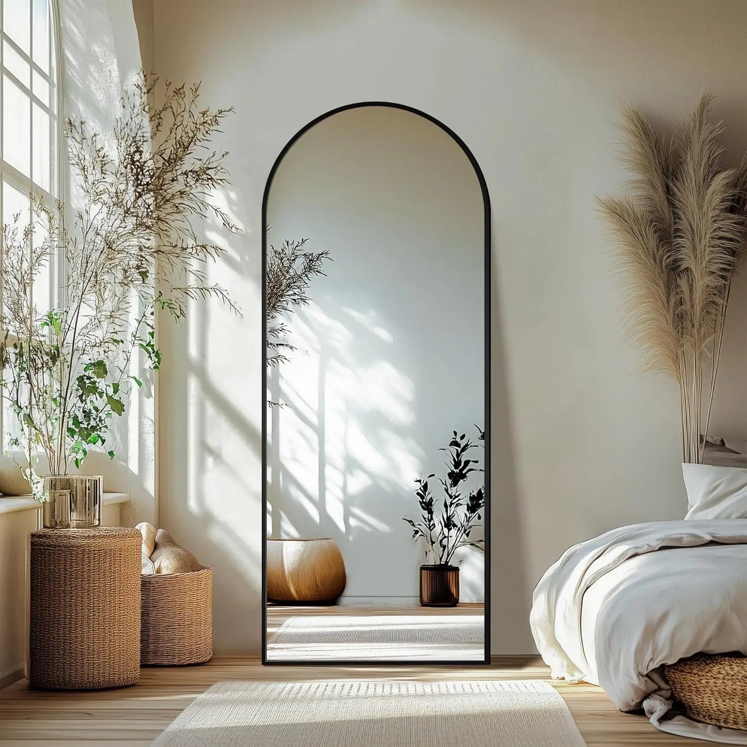 Full Length Mirror with Aluminium Frame, Large Floor Mirror for Bedroom, Bathroom, Living Room (Stand, Arch 69x24, Black)