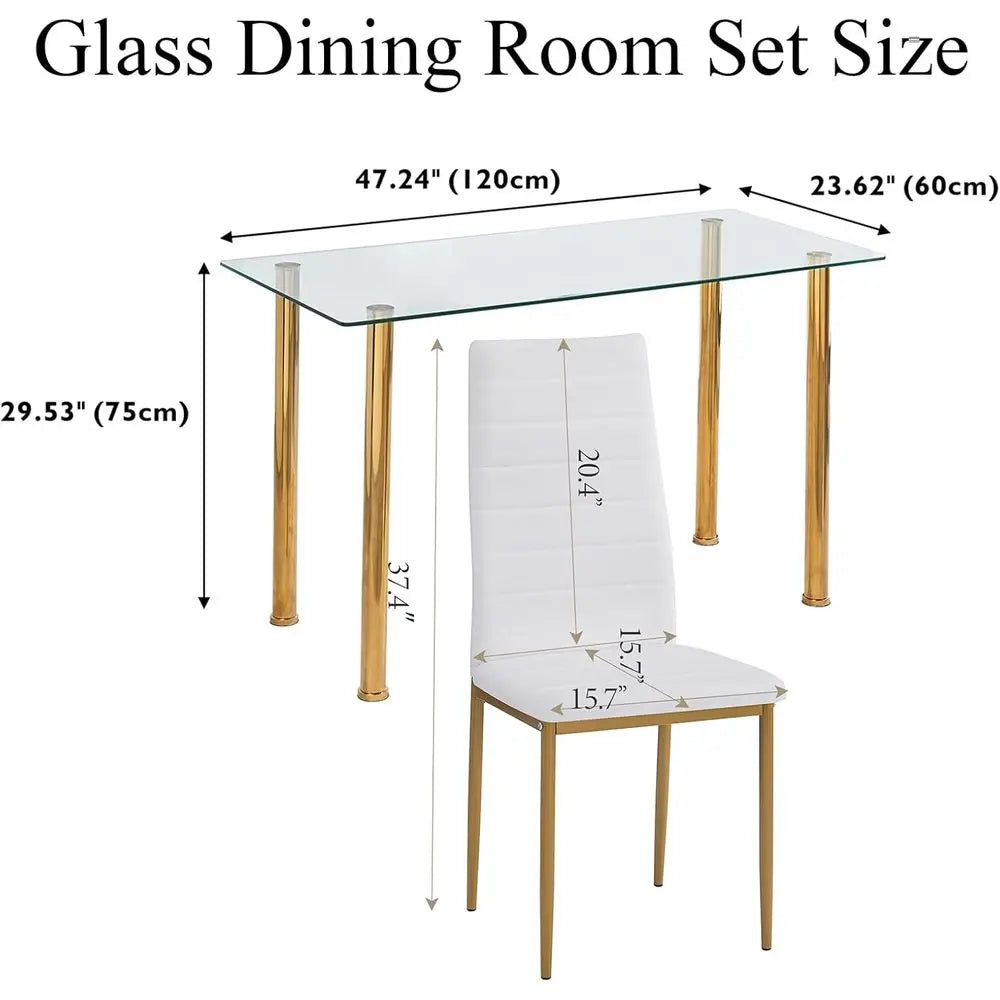 Gold 5-Piece Glass Dining Set or 4-Seat Kitchen Table with Leather Chairs, Ideal for Small Spaces