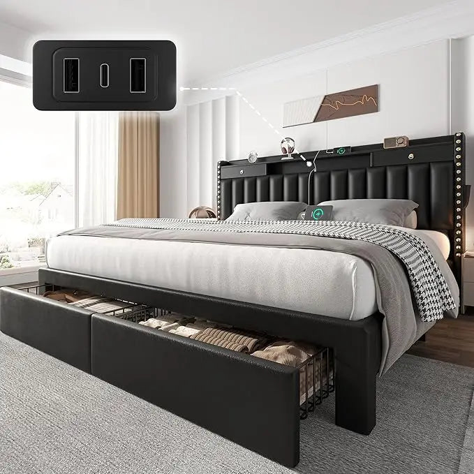 King Size Bed Frame with 4 Storage Drawers, Upholstered Platform King Bed Frame and Headboard, 3 USB & Type-C, Customized
