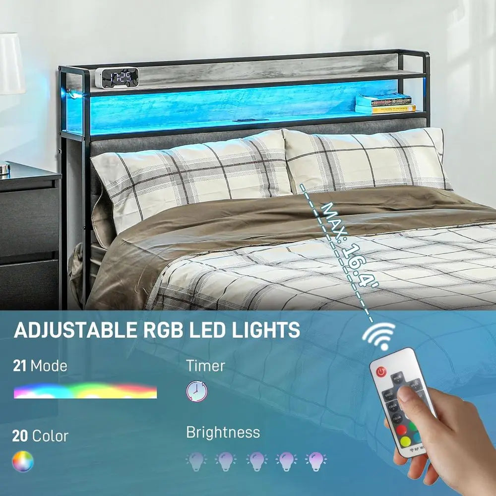 Full Size Bed with Storage, Upholstered Platform, LED Lights, Charging Station, Steel Slats, Noise-Free, Easy Assembly, No Box S