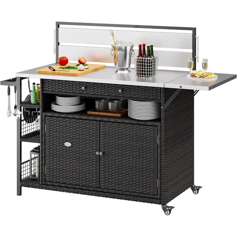 Outdoor Kitchen Island with Bar Table, Storage Cabinet, Stainless Steel Top, Wheels, and Side Handle in Brown