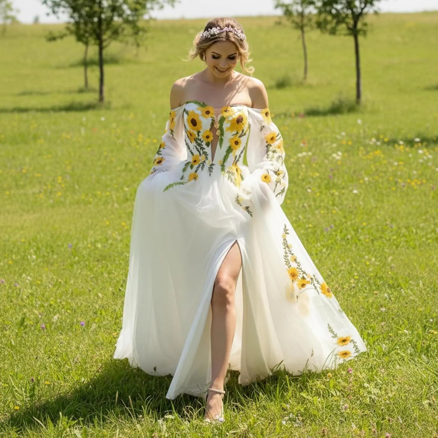 Off Shoulder Sunflower Embroidered Wedding Dresses for Women A-Line Chiffon Cape Sleeves Bohemian Bridal Gowns