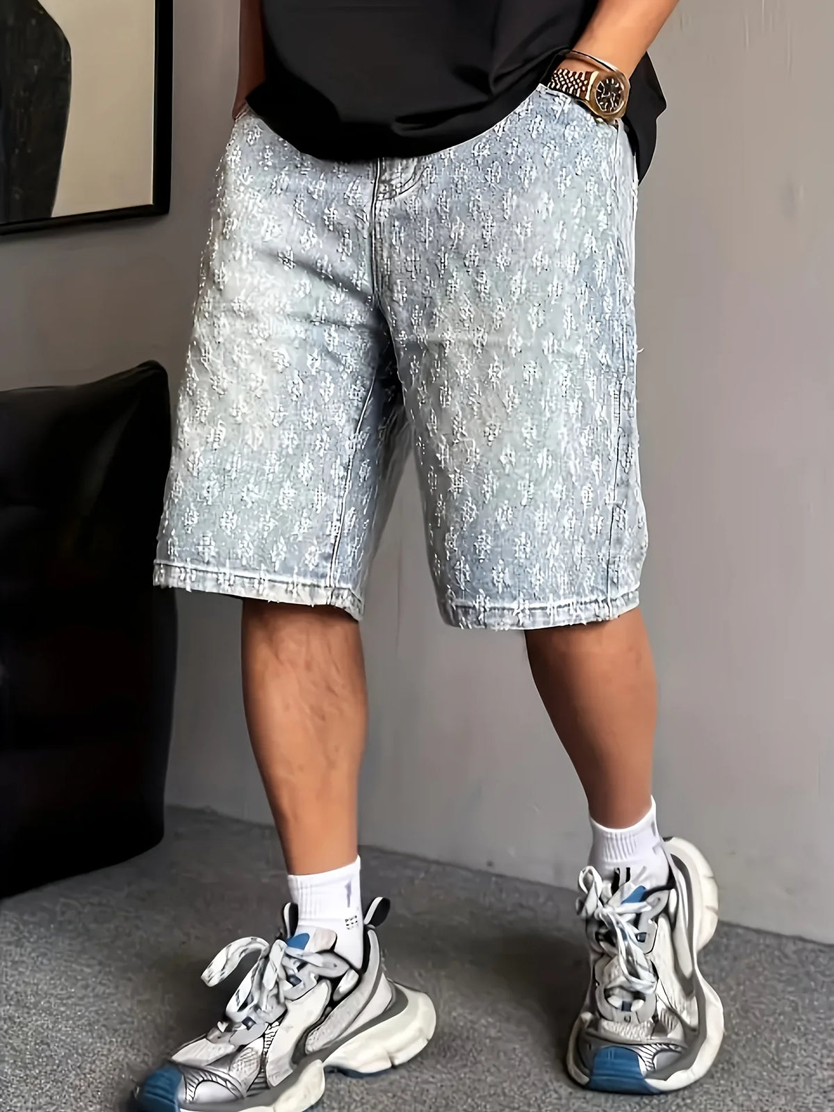 Vintage Summer 2025 American-Style Full-Print Jacquard Denim Shorts, Thin Design, Loose Trendy Brand Five-Point Pants