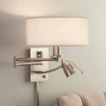 Radix Modern Swing Arm Adjustable Wall Lamp with Cord LED Bronze Plug-in Light Fixture Oatmeal Fabric Drum Shade Bedroom Bedside