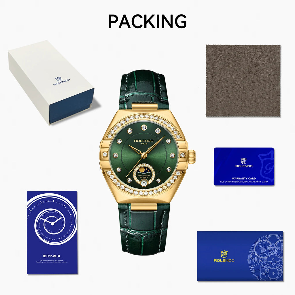 ROLENDO Constellation Style Automatic Women's Watch Secret Emerald Strap Green Dial Day-Date Mineral Crystal Waterproof Elegant
