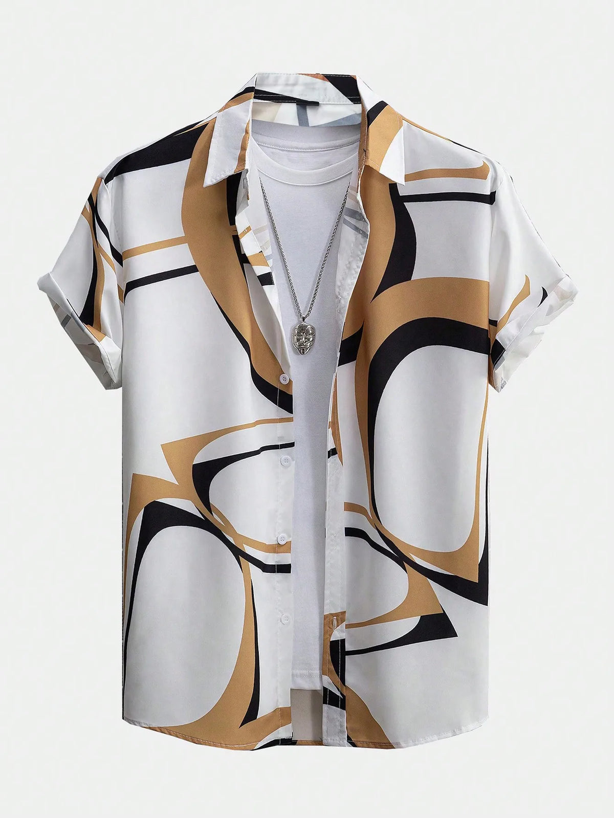 Men's Short Sleeve Casual Shirt with Abstract Geometric Print, Lightweight Breathable Fabric