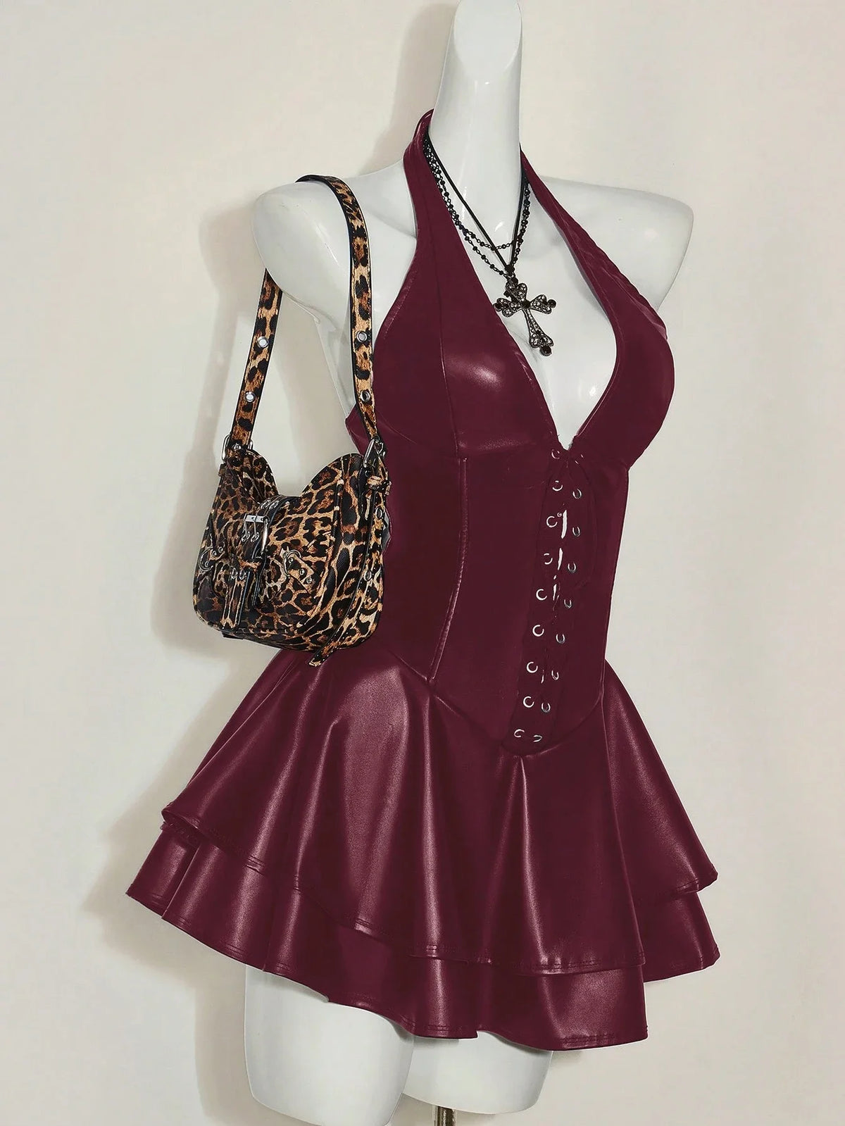 Y2K Fashion Gyaru Club Party Rave Outfit Halter Mini Dress PU Leather Cross Strap