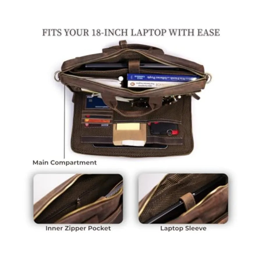 Leather Messenger Bag for Men - Laptop Case Office Briefcase Computer Satchel for Laptops in Brown with Premium Leather Materia