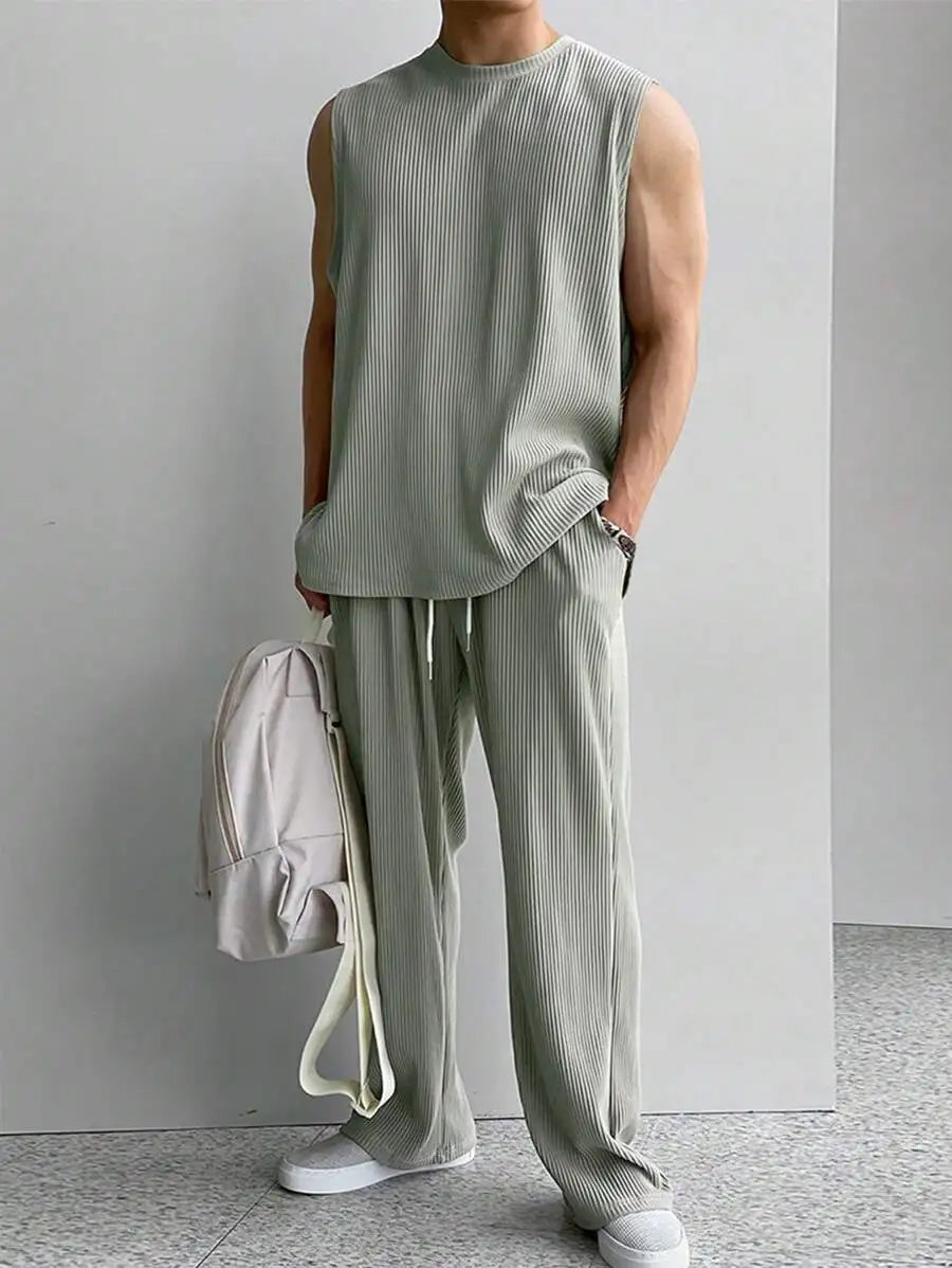 Men's Ribbed Sleeveless Top and Wide-Leg Drawstring Pants Set