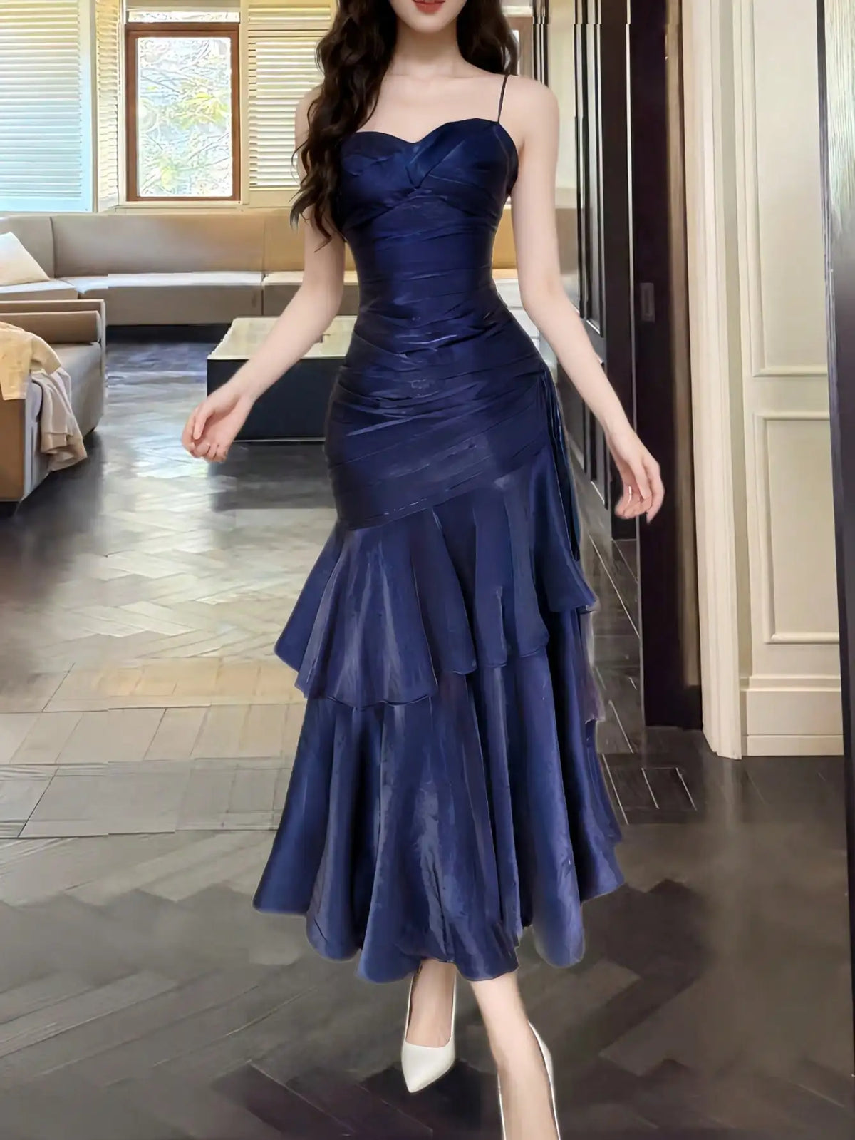 Burgundy Satin Mermaid Dress with Ruched Bodice and Spaghetti Straps for Formal Events