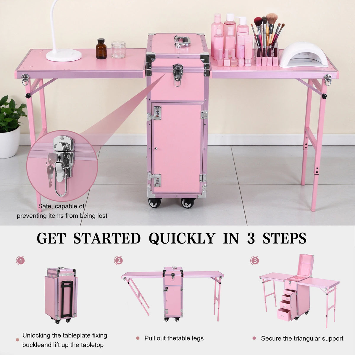 Foldable Rolling Manicure Table with Wheel & Drawers Rolling Nail Technician Workstation Large Capacity for Nails Tech & Salon
