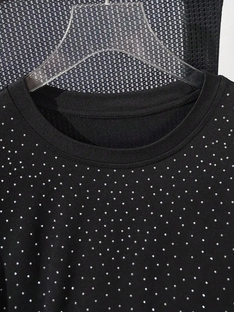 Men's Black Short Sleeve T-Shirt with Sparkling Rhinestone Dot Pattern, Casual Loose Fit
