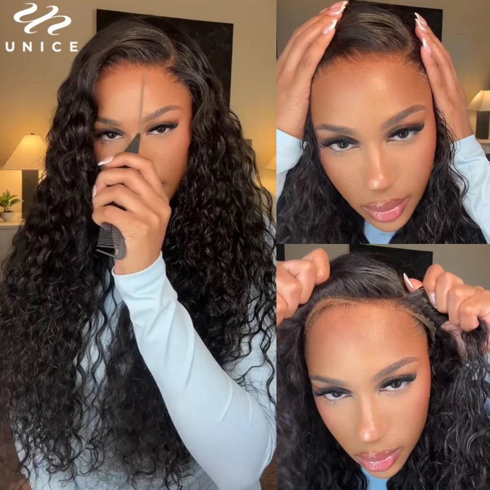 Unice Hair Drawstring Cap 7x5 & 13x4 Water Wave Human Hair Wig With Baby Hair Pre Cut Pre Bleached Pre Plucked Glueless Wigs