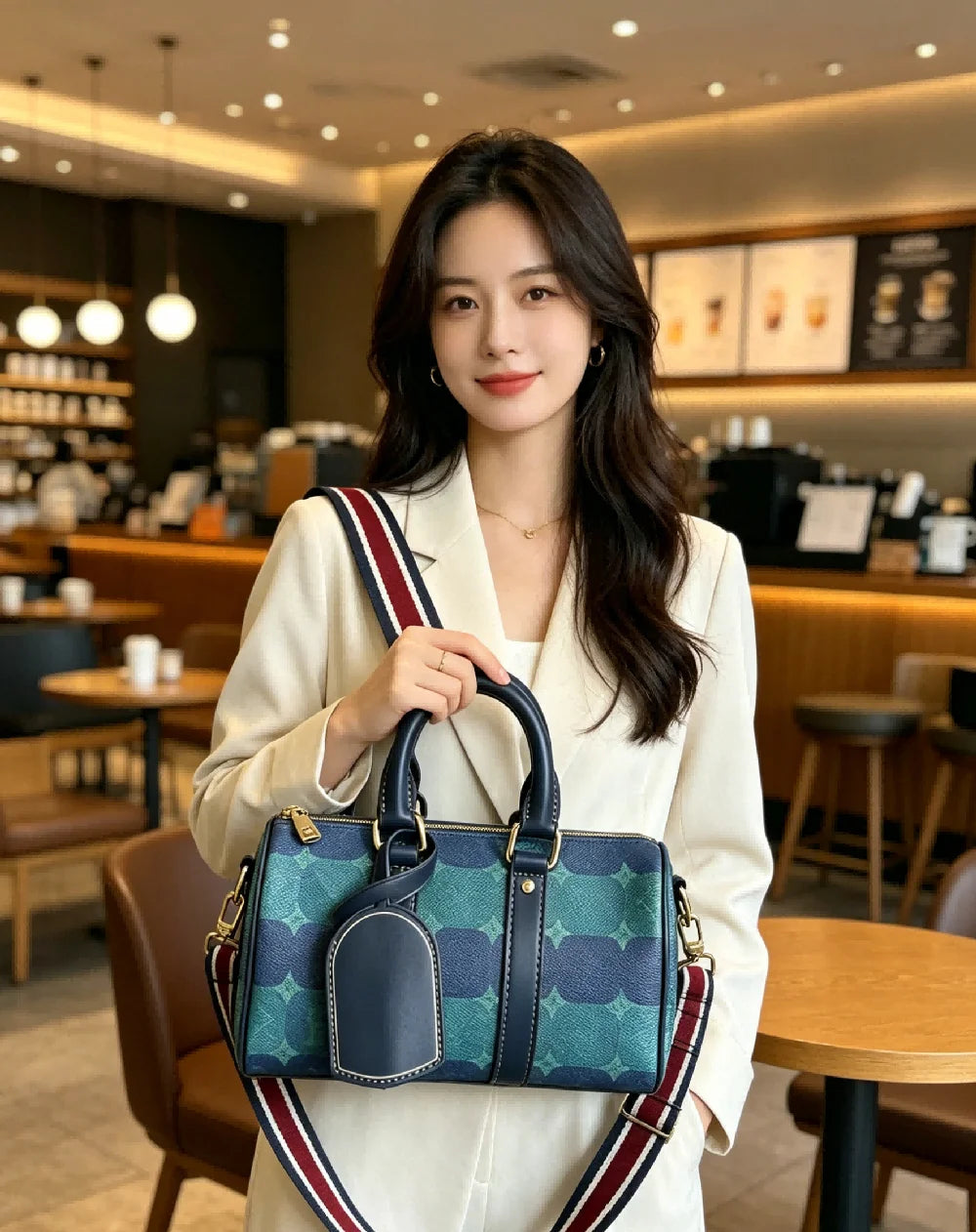 Women Blue Green Plaid Boston Shoulder Bag, Vintage Style Top Handle Handbag Crossbody Purse for Daily and Weekend