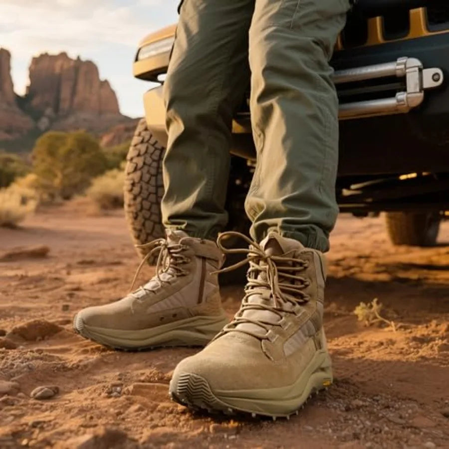 NORTIV Men's Wide Toe Box Work Military Tactical Boots Barefoot Hiking Low Drop Leather Side Zipper Motorcycle Combat Boots Pik