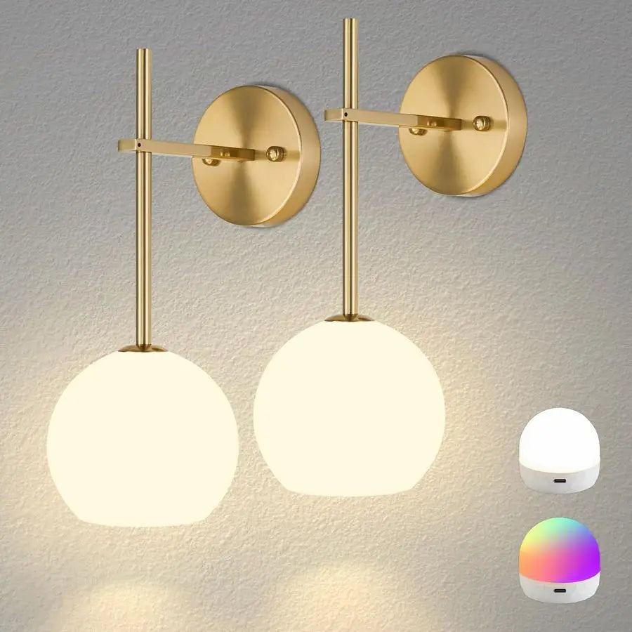 Battery Operated Wall Sconces Set of 2, Rechargeable Wireless Wall Lights with Milky White Frosted Glass Shade, 12 RGB and 3CCT