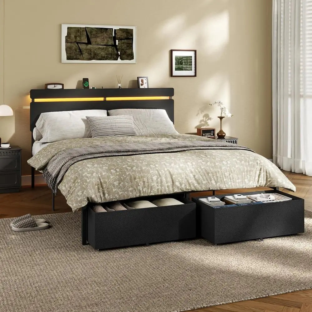 Queen Size Bed with Wooden Slat Support, Black Platform Design, Storage Drawers, Built-in Charging Station, LED Lighting, Metal